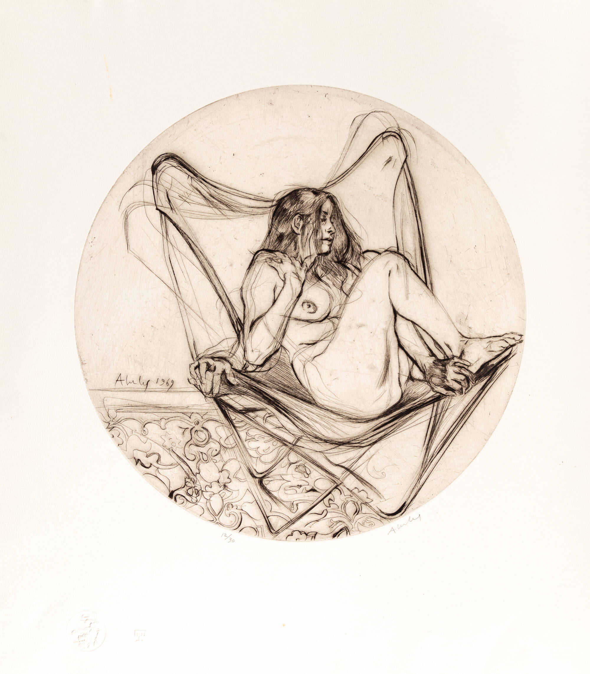 Nude woman sitting in a butterfly chair.